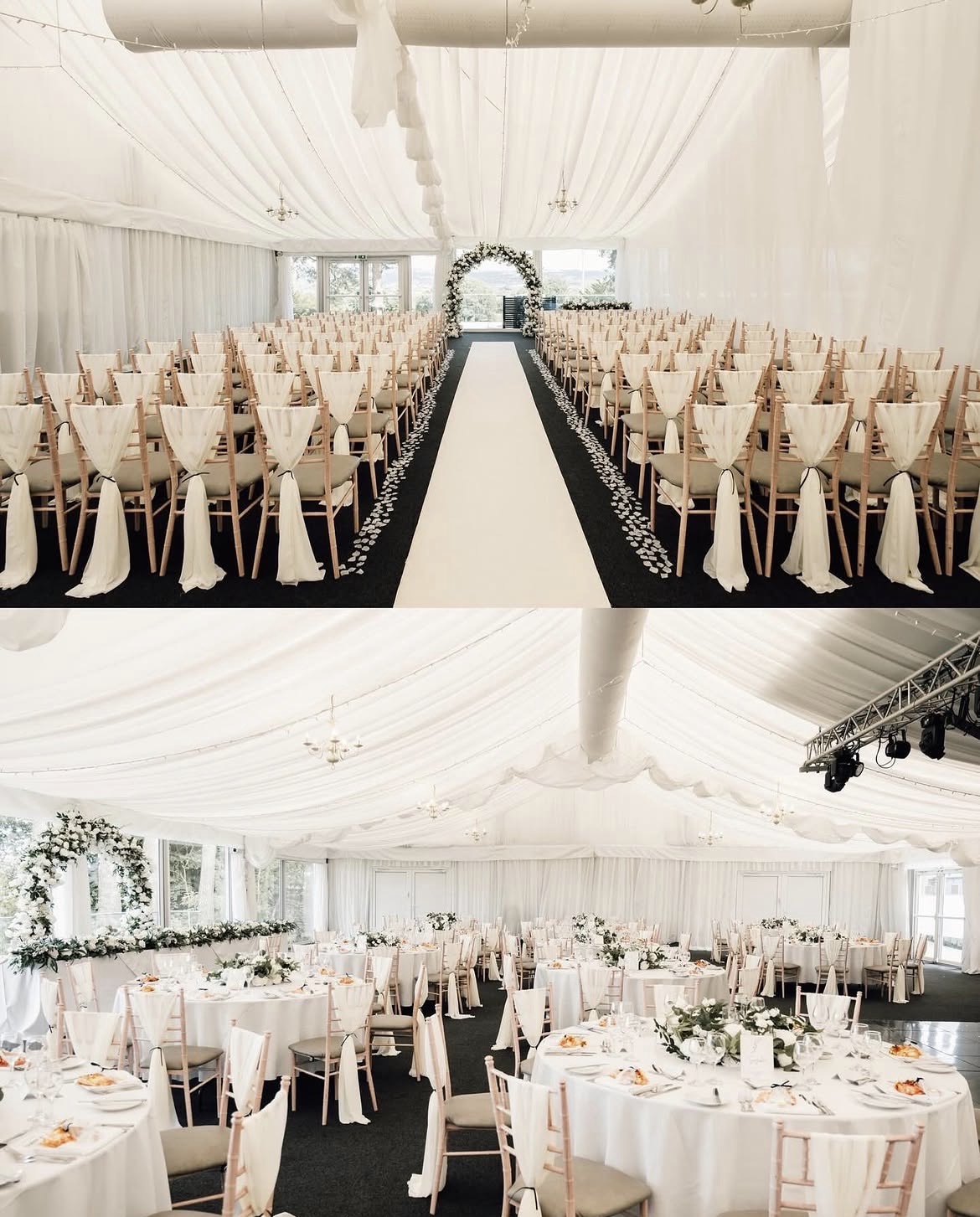 Elegant marquee wedding with floral arch and draped chairs