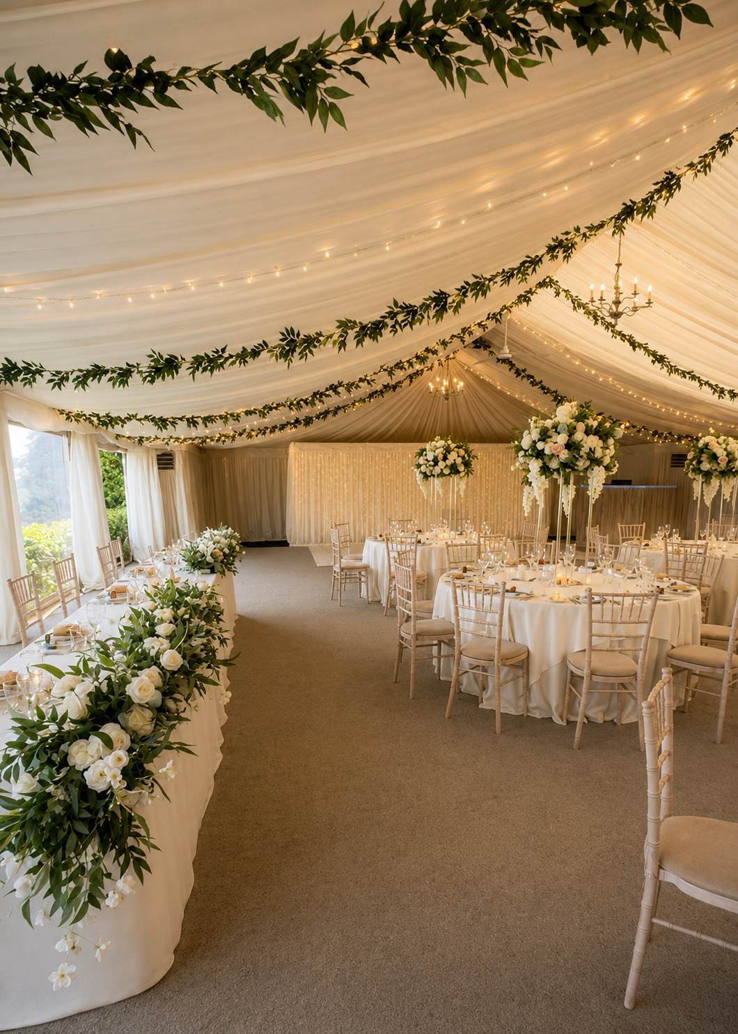 Marquee reception styled with draped ceiling greenery and tall white floral centrepieces