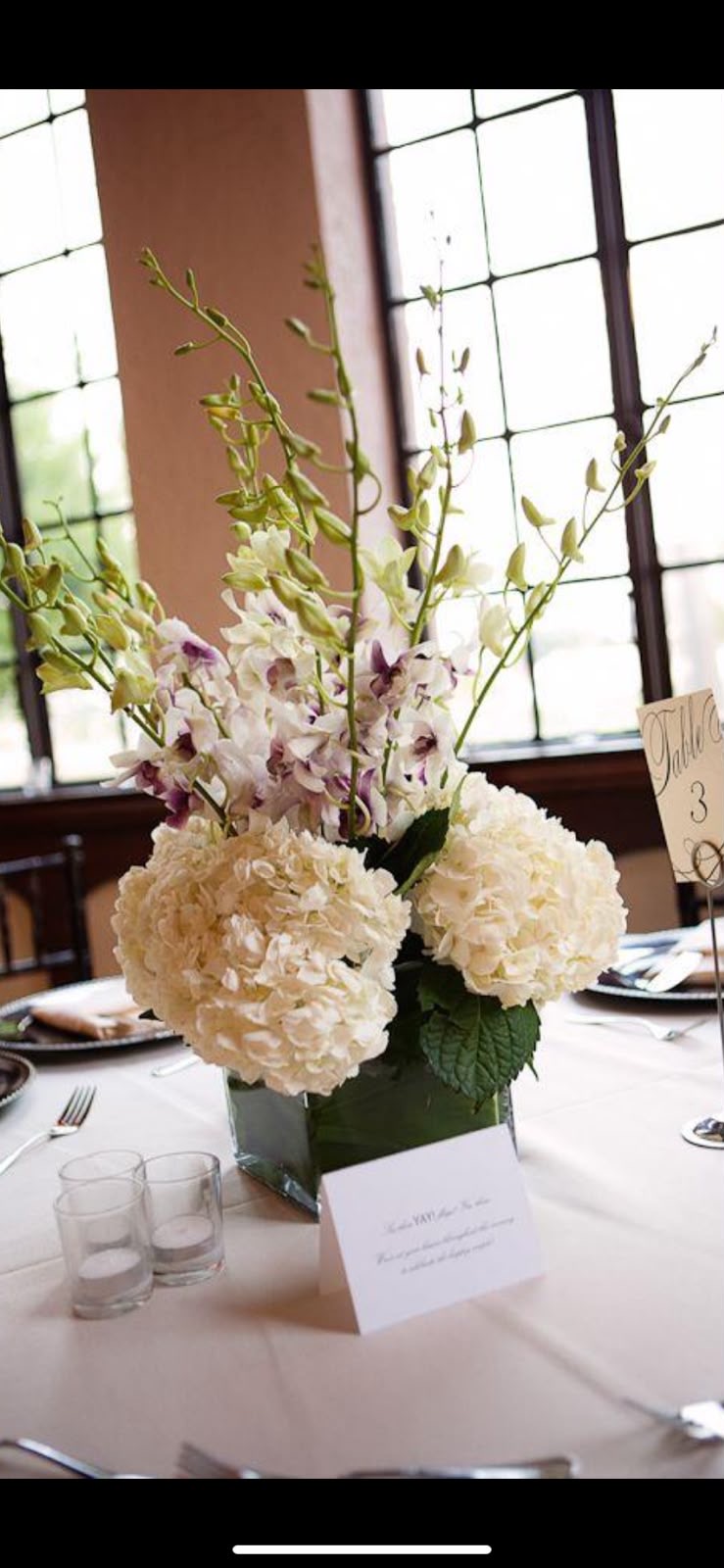 White hydrangea and orchid centrepiece