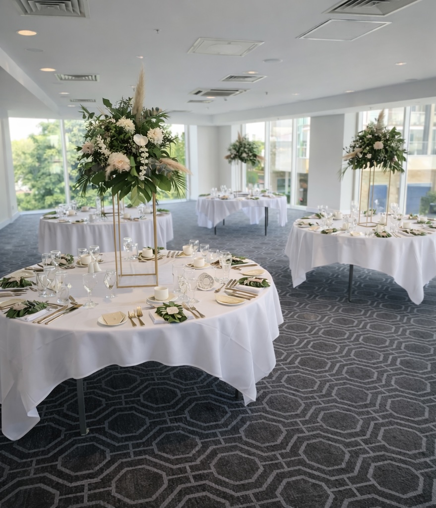 White and pampas tall centrepieces on round tables in a light, modern venue