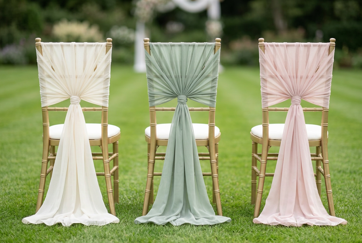 Modern chiavari chairs with different colored sashes — sage, blush, burgundy, navy, gold
